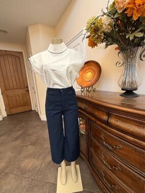 Maeve Anthropologie Colette High Waist Wide Leg Crop Pants Navy Blue Sz 28